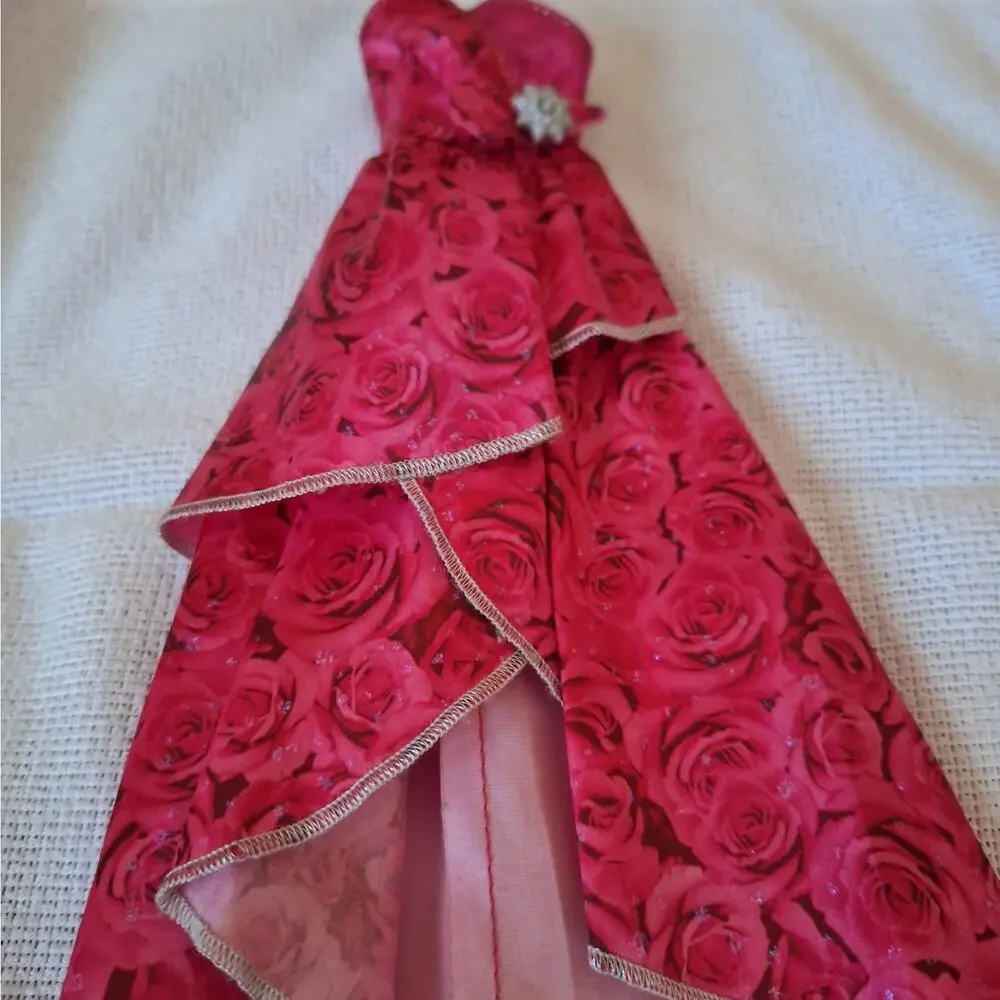 Barbie Doll Clothes Hot Pink Rose Floral High-Low Evening Gown Dress Glitter Gem